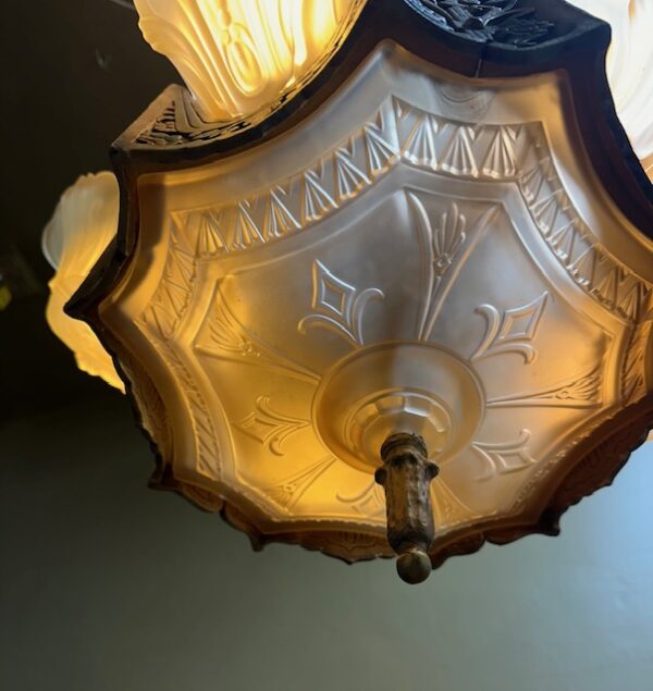 Art Deco "Markel" Slip Shade Fixture w/ Polychrome Finish & Bottom Glass Shade - Image 11