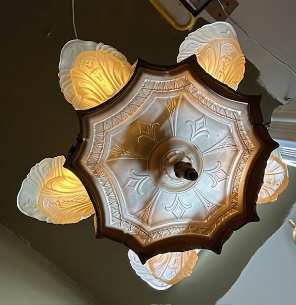 Art Deco "Markel" Slip Shade Fixture w/ Polychrome Finish & Bottom Glass Shade - Image 9