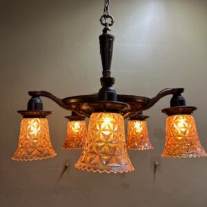 1920s Empire Style Chandelier w/ Carnival Glass Shades