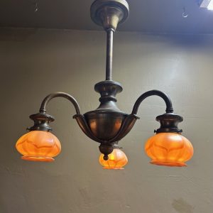 Circa 1915 Brass Chandelier with Quezal Art Glass Shades