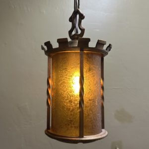 1920s Bronze Pendant Lights w/ Crackle Glass Shade (Pair)