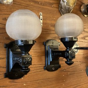 Pair of Cast Iron Sconces w/ Rare Prismatic Glass Shades